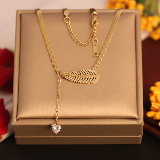 Feather & Heart Crystal Y Necklace | Gold Snake Chain Delicate Jewelry