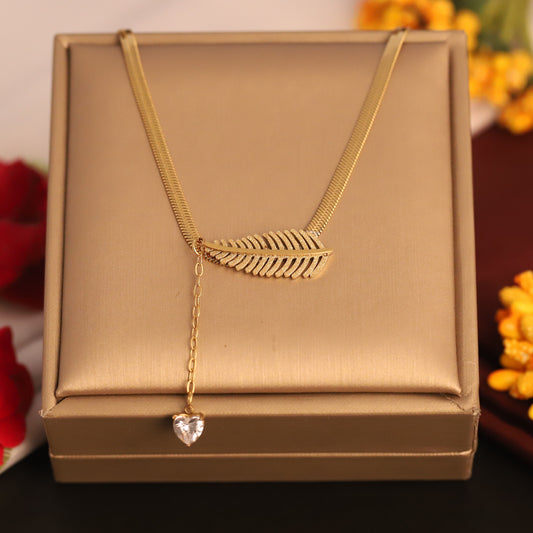 Feather & Heart Crystal Y Necklace | Gold Snake Chain Delicate Jewelry