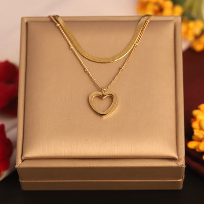 Double Chain Heart Outline Necklace | Gold Layered Love Jewelry