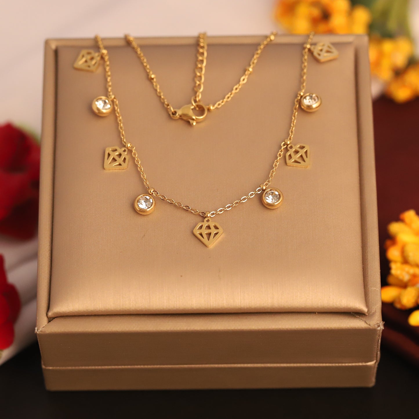 Dainty Gold Plated Diamond & Geometric Charm Necklace | Everyday Elegance Jewelry