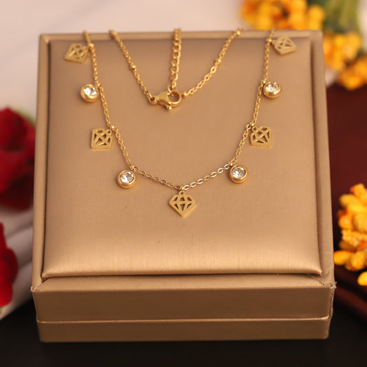 Dainty Gold Plated Diamond & Geometric Charm Necklace | Everyday Elegance Jewelry