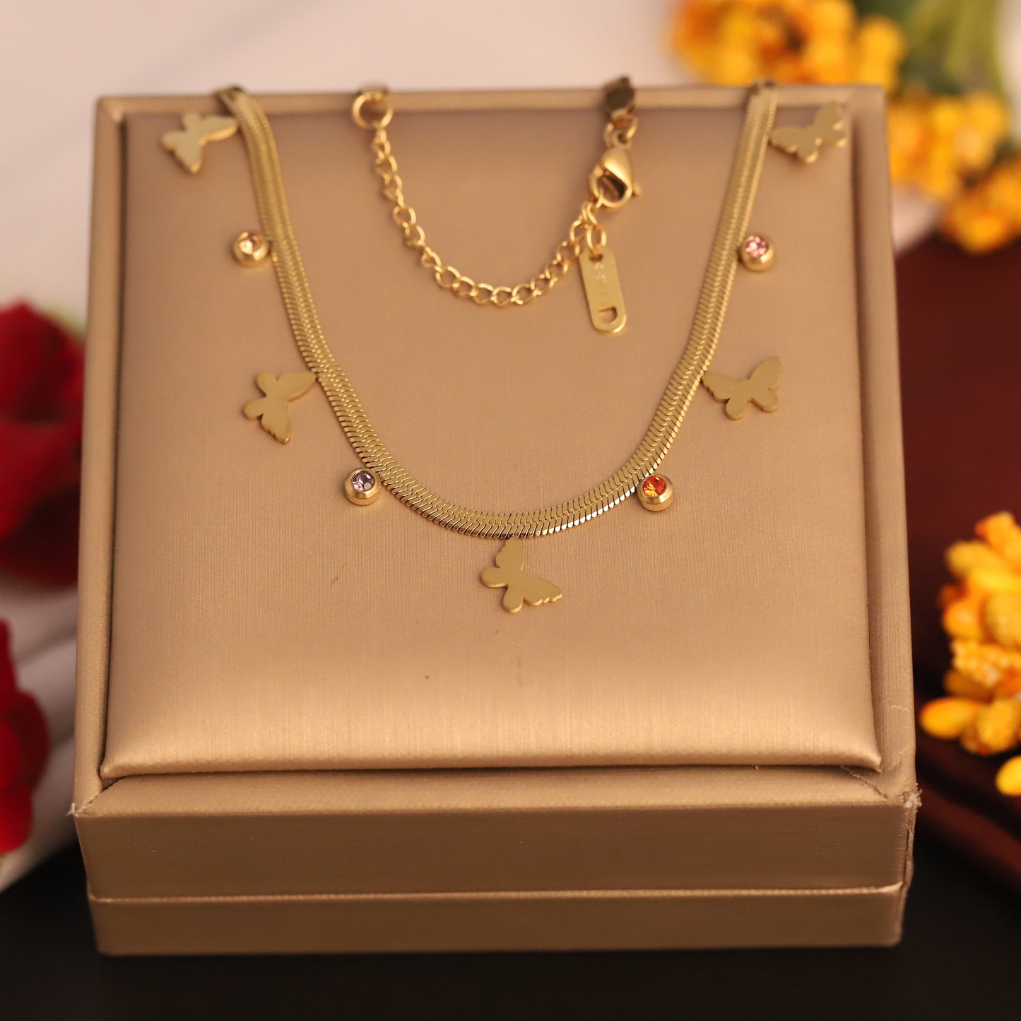 Gold Butterfly & Gemstone Snake Chain Necklace - Stainless Steel | Dainty Whimsical Jewelry