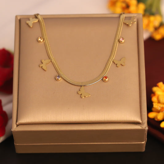 Gold Butterfly & Gemstone Snake Chain Necklace - Stainless Steel | Dainty Whimsical Jewelry