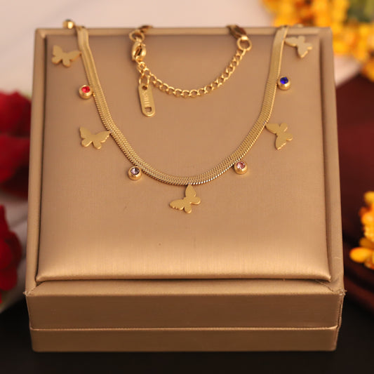 Gold Plated Snake Chain Necklace with Butterfly Charms & Colorful CZ Stones | Dainty Summer Jewelry