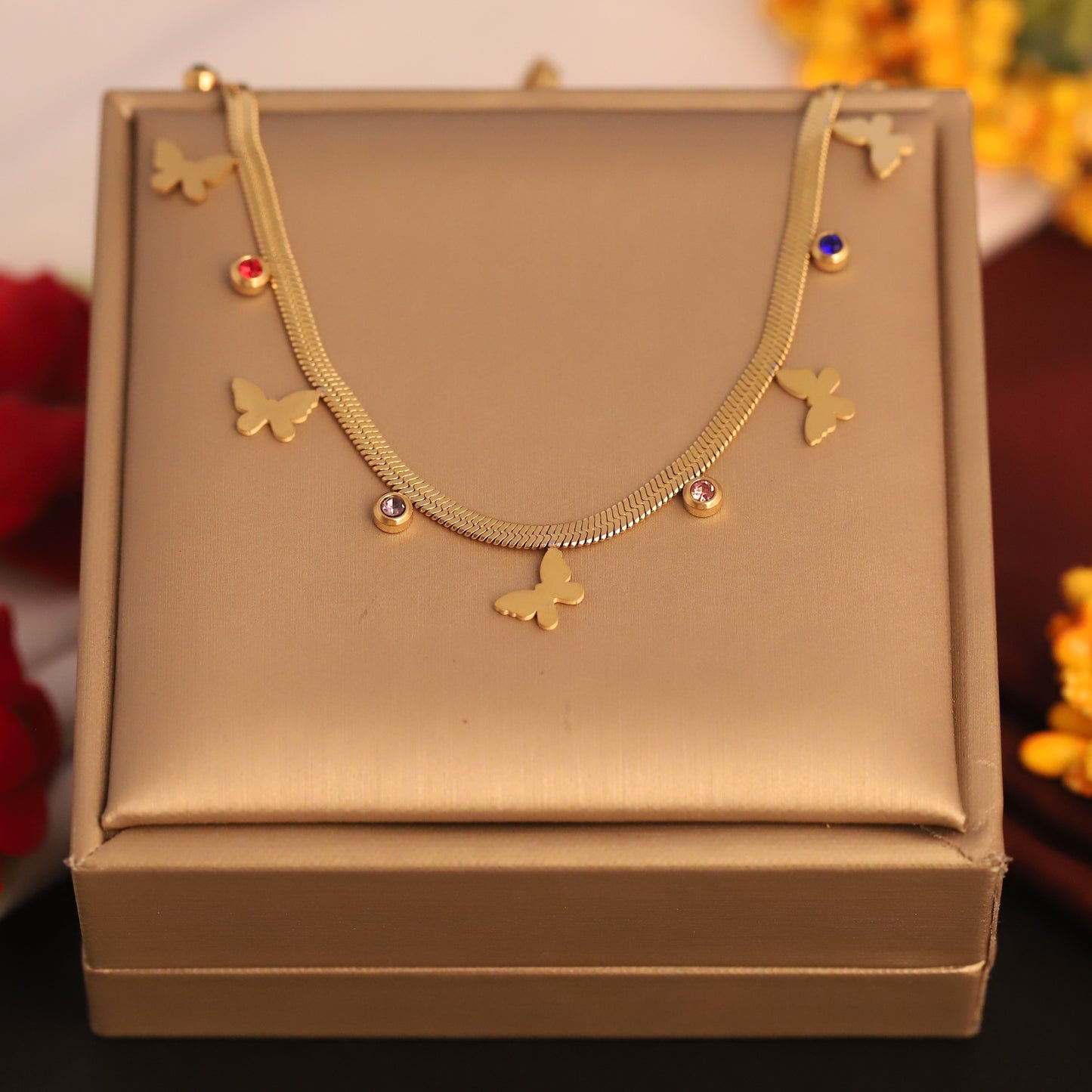 Gold Plated Snake Chain Necklace with Butterfly Charms & Colorful CZ Stones | Dainty Summer Jewelry