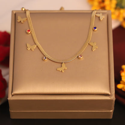 Gold Plated Snake Chain Necklace with Butterfly Charms & Colorful CZ Stones | Dainty Summer Jewelry