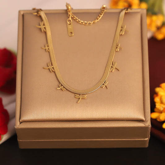 Elegant Gold Plated Dragonfly Charm Snake Chain Choker Necklace