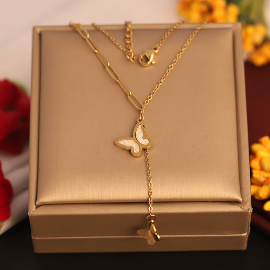 Elegant Butterfly Y-Shaped Necklace - Gold Plated Stainless Steel