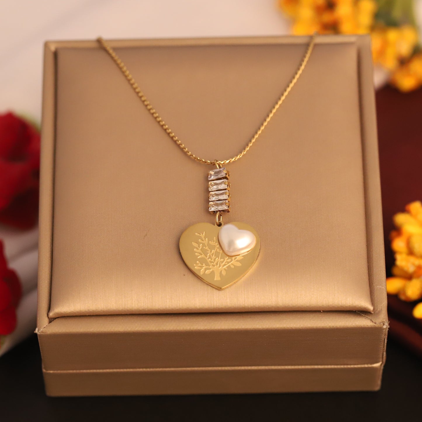 Tree of Life Heart Pendant Necklace | Gold Plated Baguette Crystal Jewelry