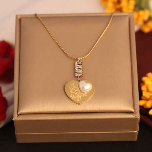 Tree of Life Heart Pendant Necklace | Gold Plated Baguette Crystal Jewelry