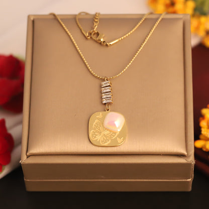 Butterfly Mother of Pearl & Crystal Necklace | Gold Unique Pendant