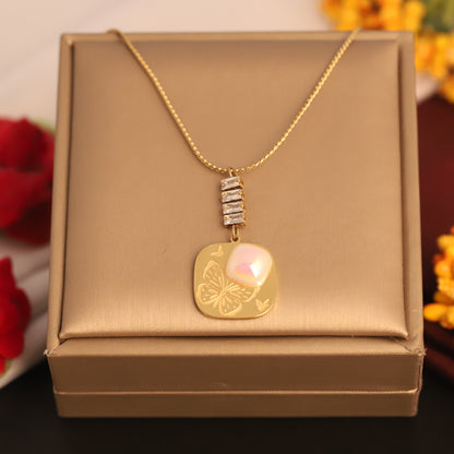 Butterfly Mother of Pearl & Crystal Necklace | Gold Unique Pendant