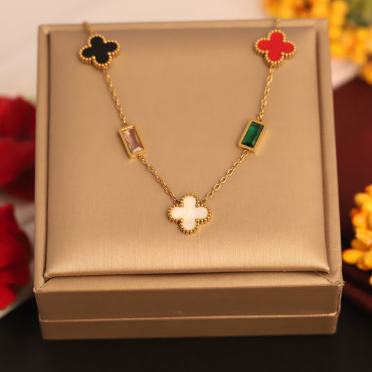 Multicolor Clover & Gemstone Necklace | Gold Lucky Charm Jewelry