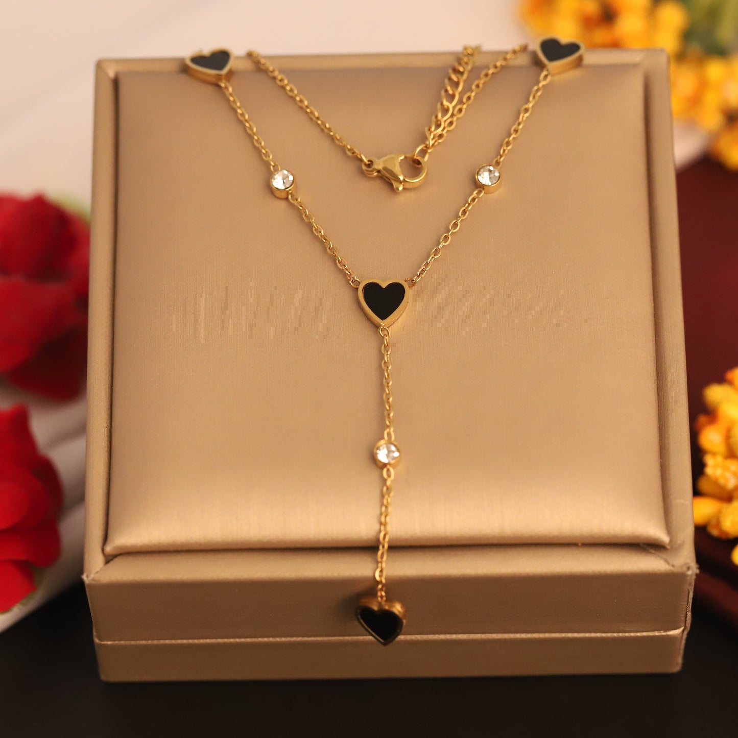 Layered Black Heart & Crystal Y Necklace | Gold Dainty Jewelry