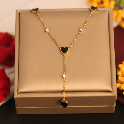 Layered Black Heart & Crystal Y Necklace | Gold Dainty Jewelry