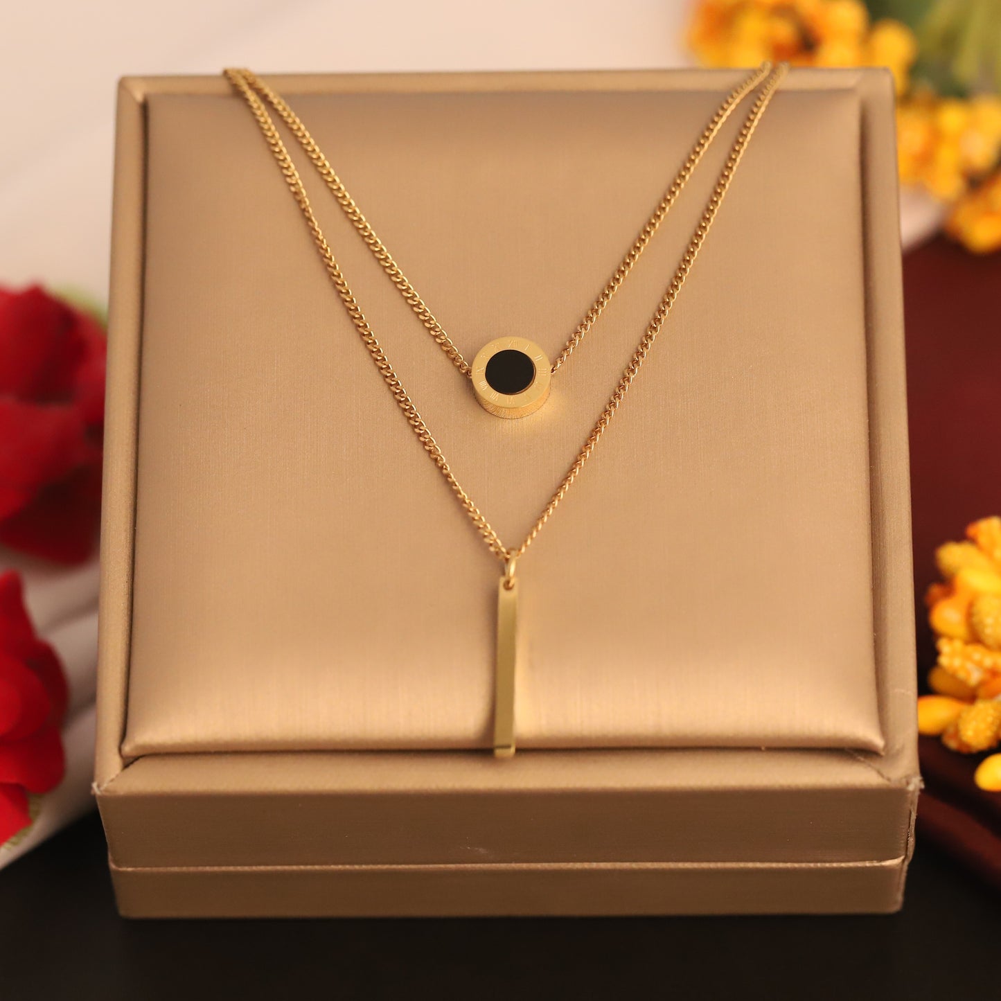 Layered Bar & Circle Pendant Necklace | Gold Minimalist Jewelry