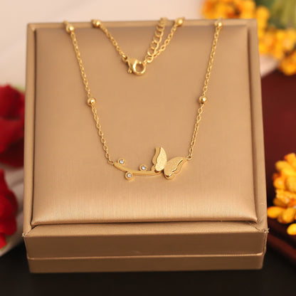 Butterfly & Branch Pendant Necklace | Gold Beaded Jewelry