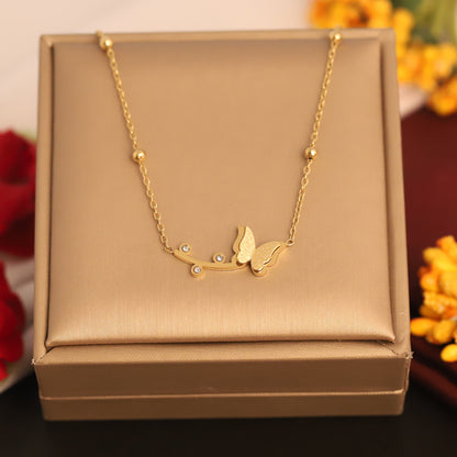Butterfly & Branch Pendant Necklace | Gold Beaded Jewelry