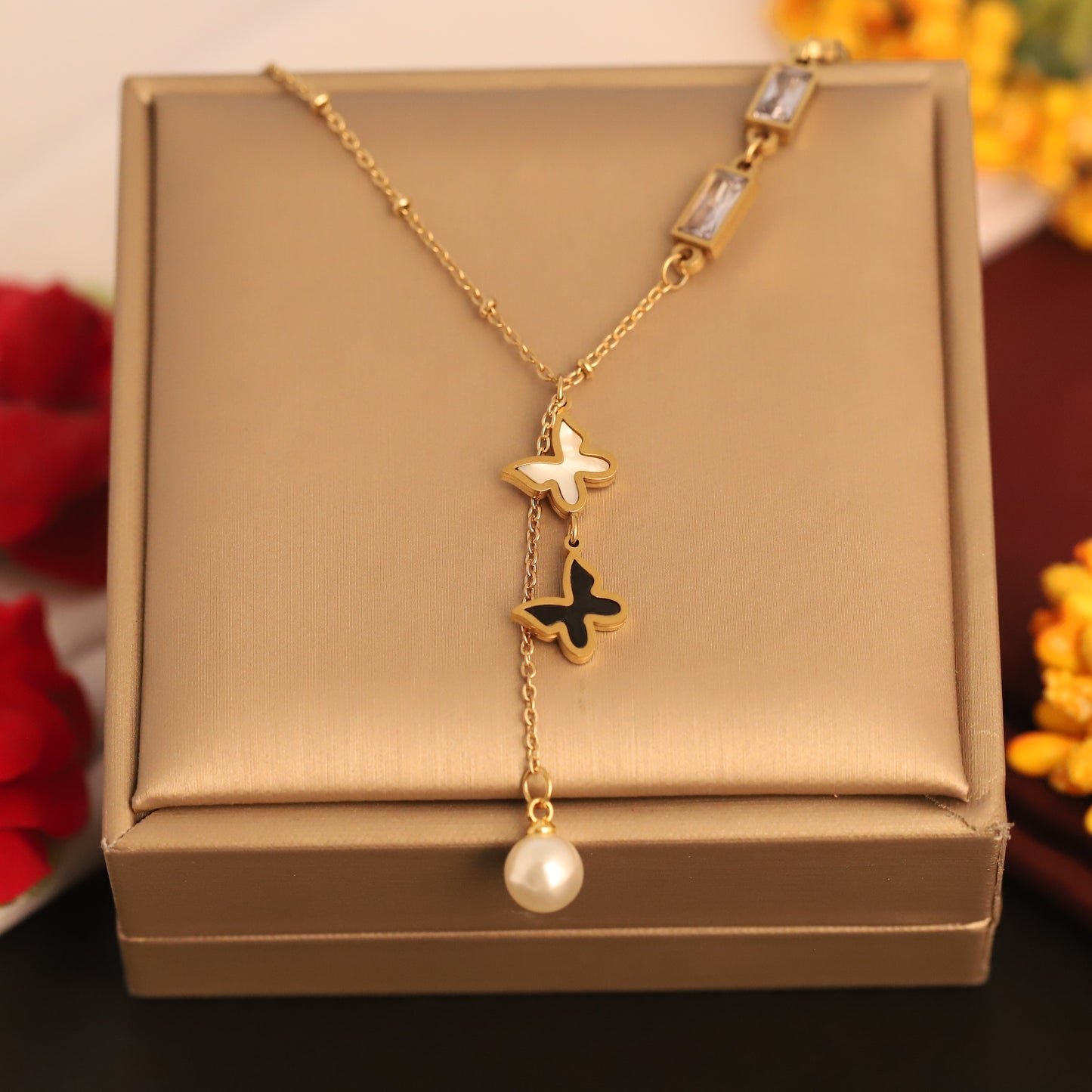 Asymmetrical Butterfly & Pearl Y Necklace | Gold Plated Jewelry