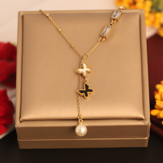 Asymmetrical Butterfly & Pearl Y Necklace | Gold Plated Jewelry