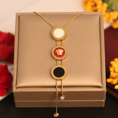 Gold Medusa Lariat Necklace - Red, Black & Pearl Charm Pendant