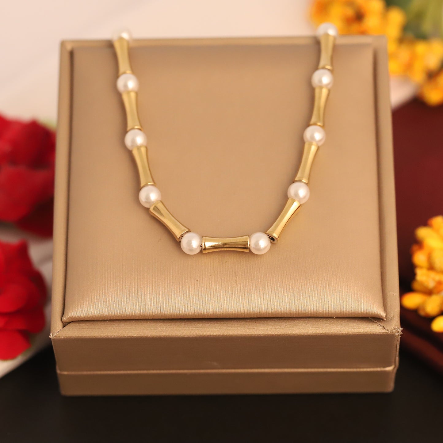 Gold Bamboo and Pearl Necklace - Elegant Beaded Statement Jewelry