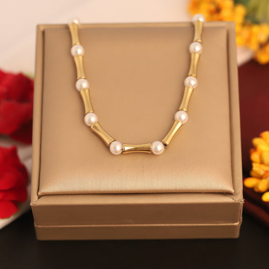 Gold Bamboo and Pearl Necklace - Elegant Beaded Statement Jewelry