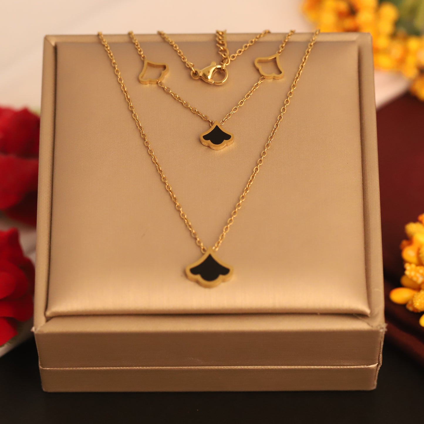 Layered Clover Fan Necklace | Gold Black Enamel Dainty Jewelry