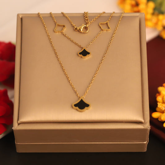 Layered Clover Fan Necklace | Gold Black Enamel Dainty Jewelry