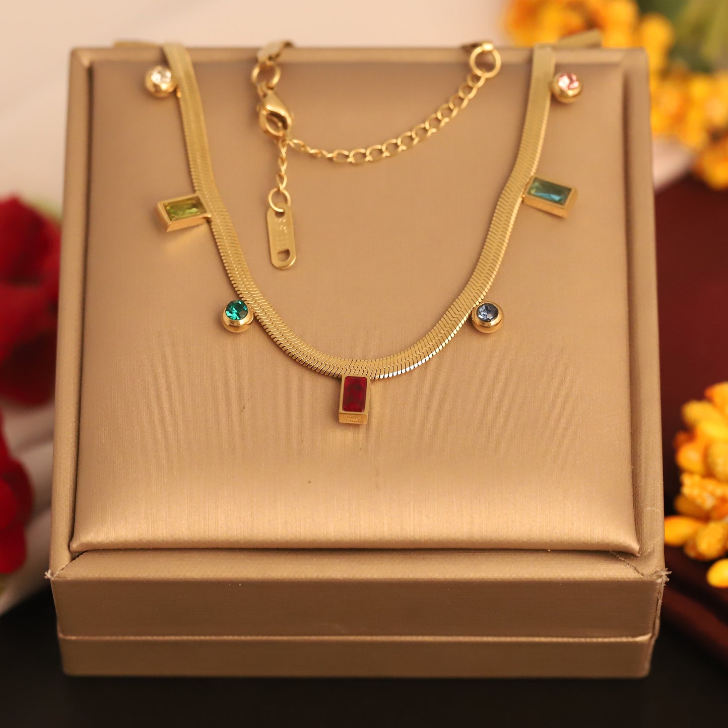 Gold Herringbone Necklace with Colorful Gem Charms - Modern Statement Jewelry