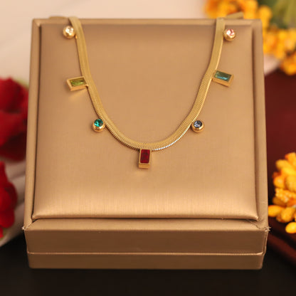 Gold Herringbone Necklace with Colorful Gem Charms - Modern Statement Jewelry