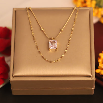 Elegant Layered Crystal Necklace - Gold Tone Rectangular Pendant