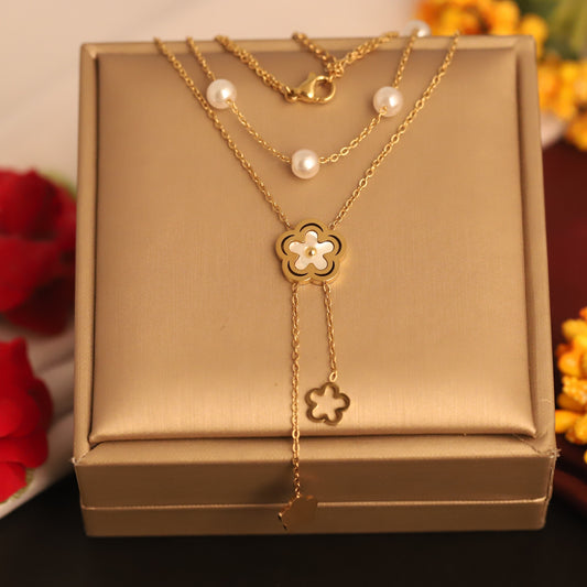 Elegant Layered Flower Lariat Necklace - Gold Plated with Faux Pearls
