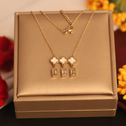 Layered Clover & Baguette Crystal Necklace | Gold Lucky Charm Jewelry