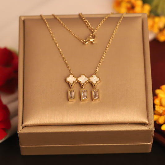Layered Clover & Baguette Crystal Necklace | Gold Lucky Charm Jewelry