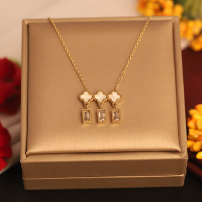 Layered Clover & Baguette Crystal Necklace | Gold Lucky Charm Jewelry
