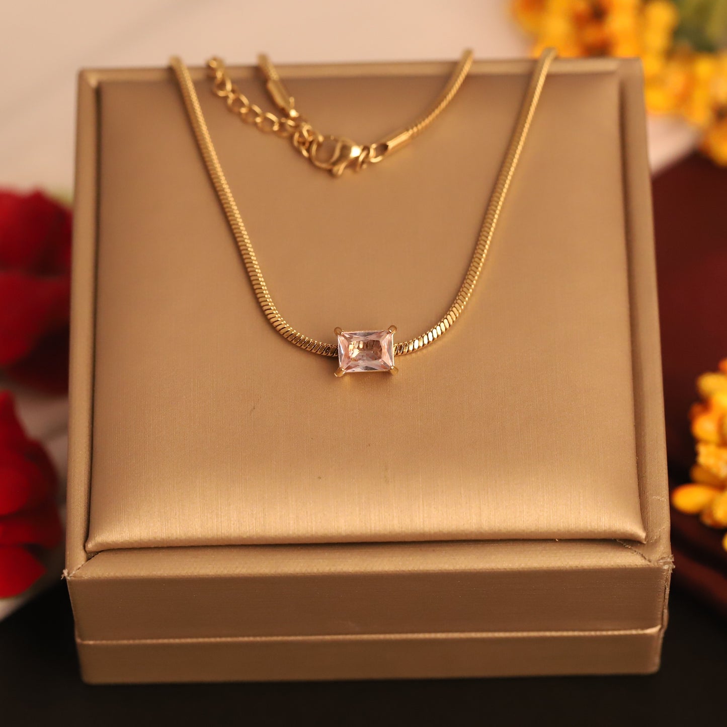 Dainty Gold Herringbone Necklace with Rectangular Crystal Pendant - Minimalist Chic
