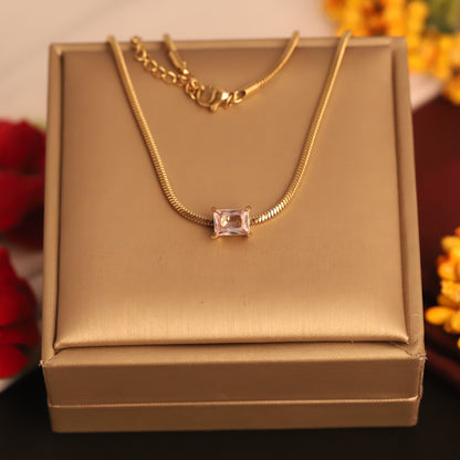 Dainty Gold Herringbone Necklace with Rectangular Crystal Pendant - Minimalist Chic
