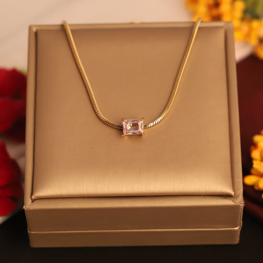 Dainty Gold Herringbone Necklace with Rectangular Crystal Pendant - Minimalist Chic