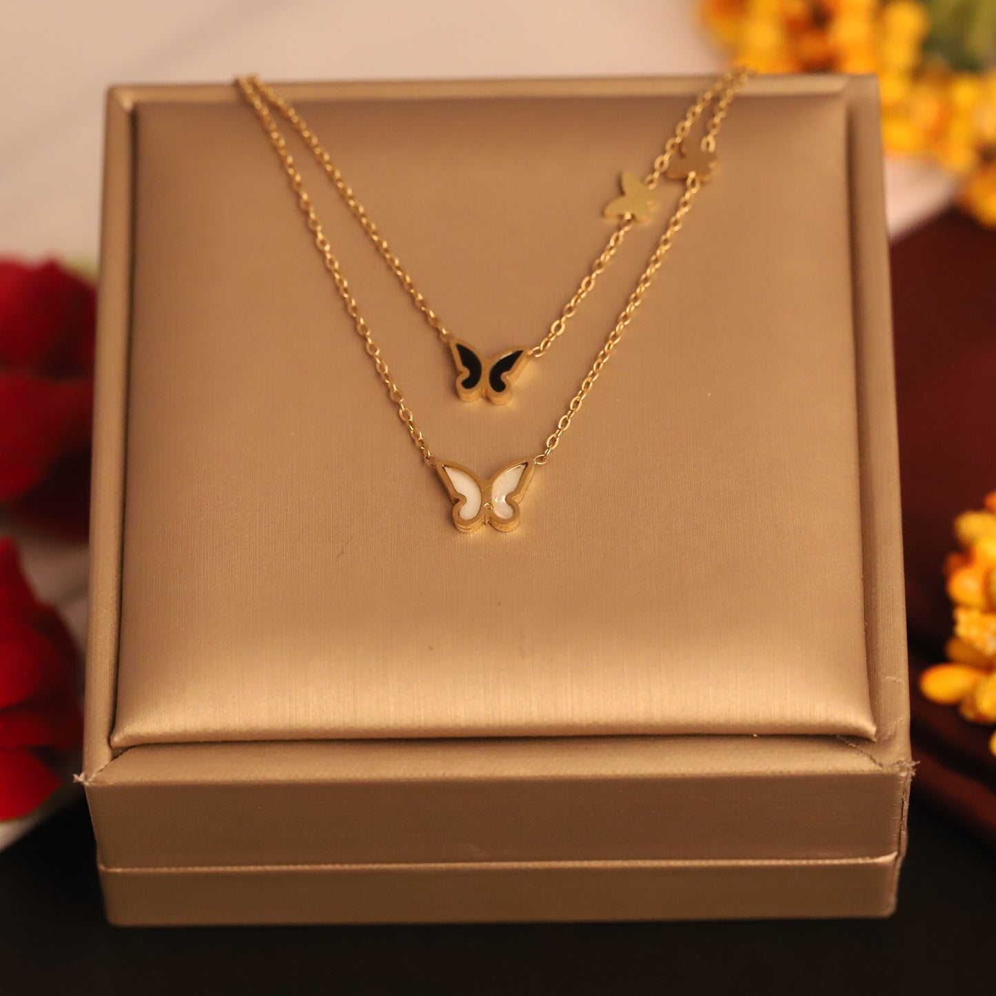 Layered Butterfly Necklace Set - Gold Plated Stainless Steel