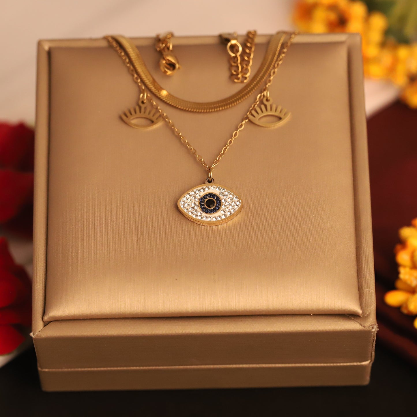 Gold Layered Evil Eye Necklace - Herringbone & Charm Lucky Jewelry