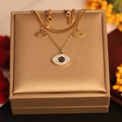Gold Layered Evil Eye Necklace - Herringbone & Charm Lucky Jewelry