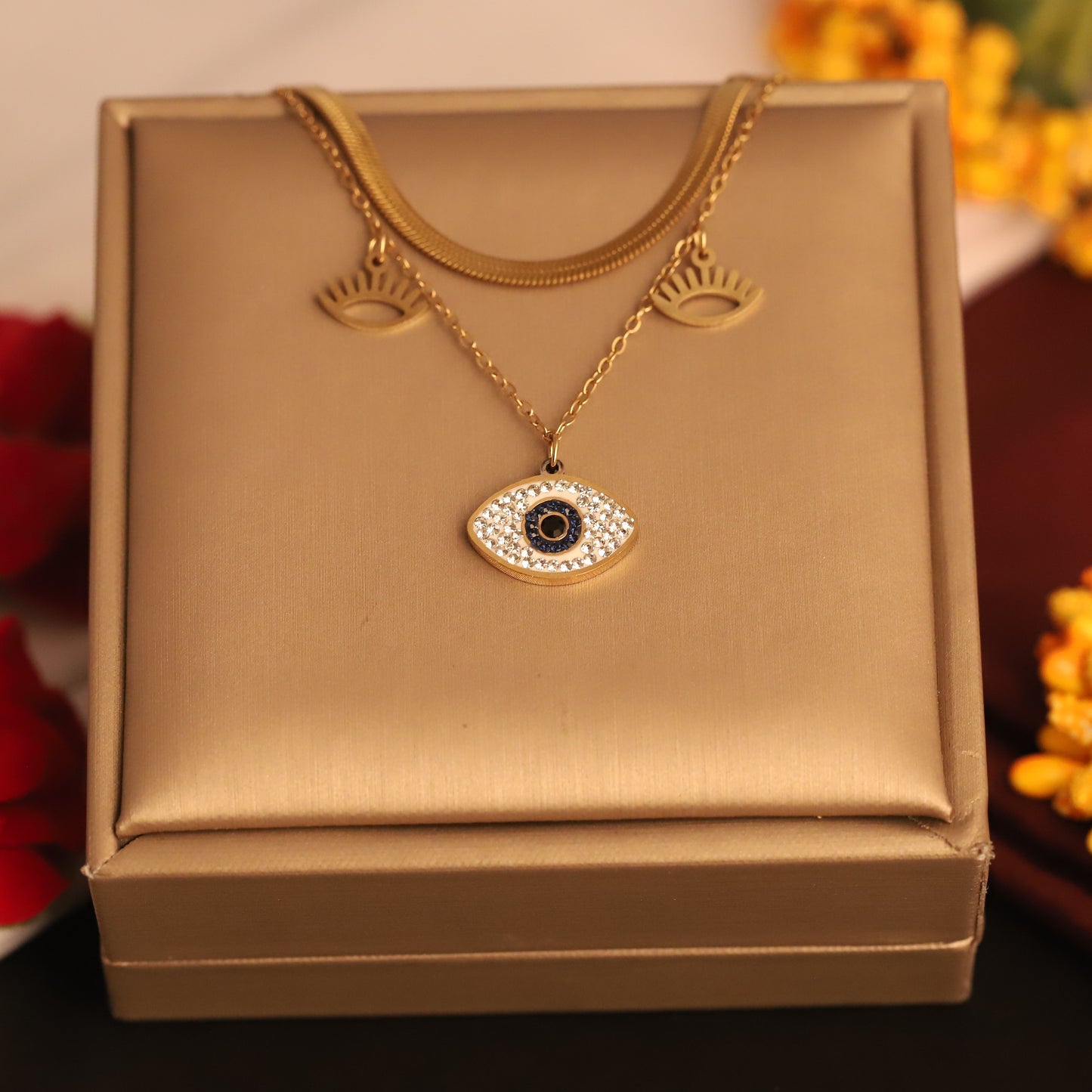 Gold Layered Evil Eye Necklace - Herringbone & Charm Lucky Jewelry