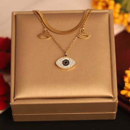 Gold Layered Evil Eye Necklace - Herringbone & Charm Lucky Jewelry