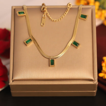 Emerald Accent Gold Snake Chain Necklace | Minimalist Gemstone Jewelry