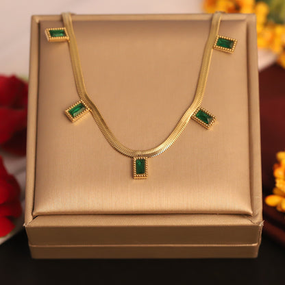 Emerald Accent Gold Snake Chain Necklace | Minimalist Gemstone Jewelry