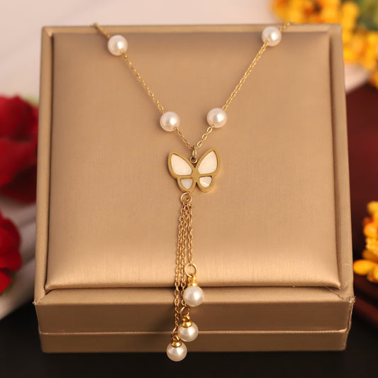 Gold Butterfly & Pearl Lariat Necklace - Dainty & Elegant Y-Shape Pendant