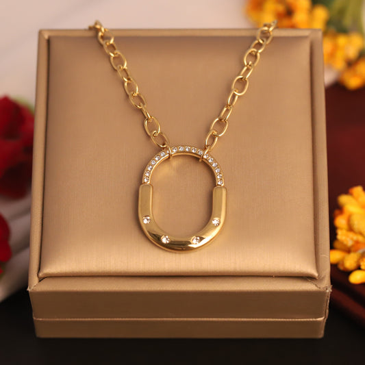 Horseshoe Crystal Pendant Necklace | Chunky Gold Statement Jewelry