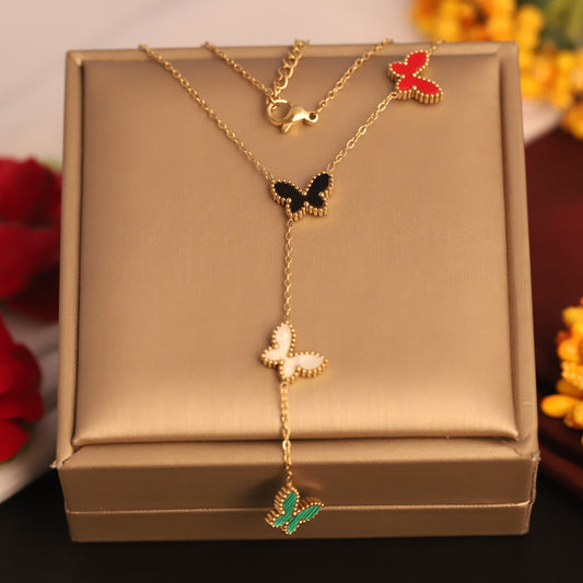 Colorful Butterfly Drop Pendant- Gold Chain, Enamel Butterflies | Whimsical Dainty Jewelry