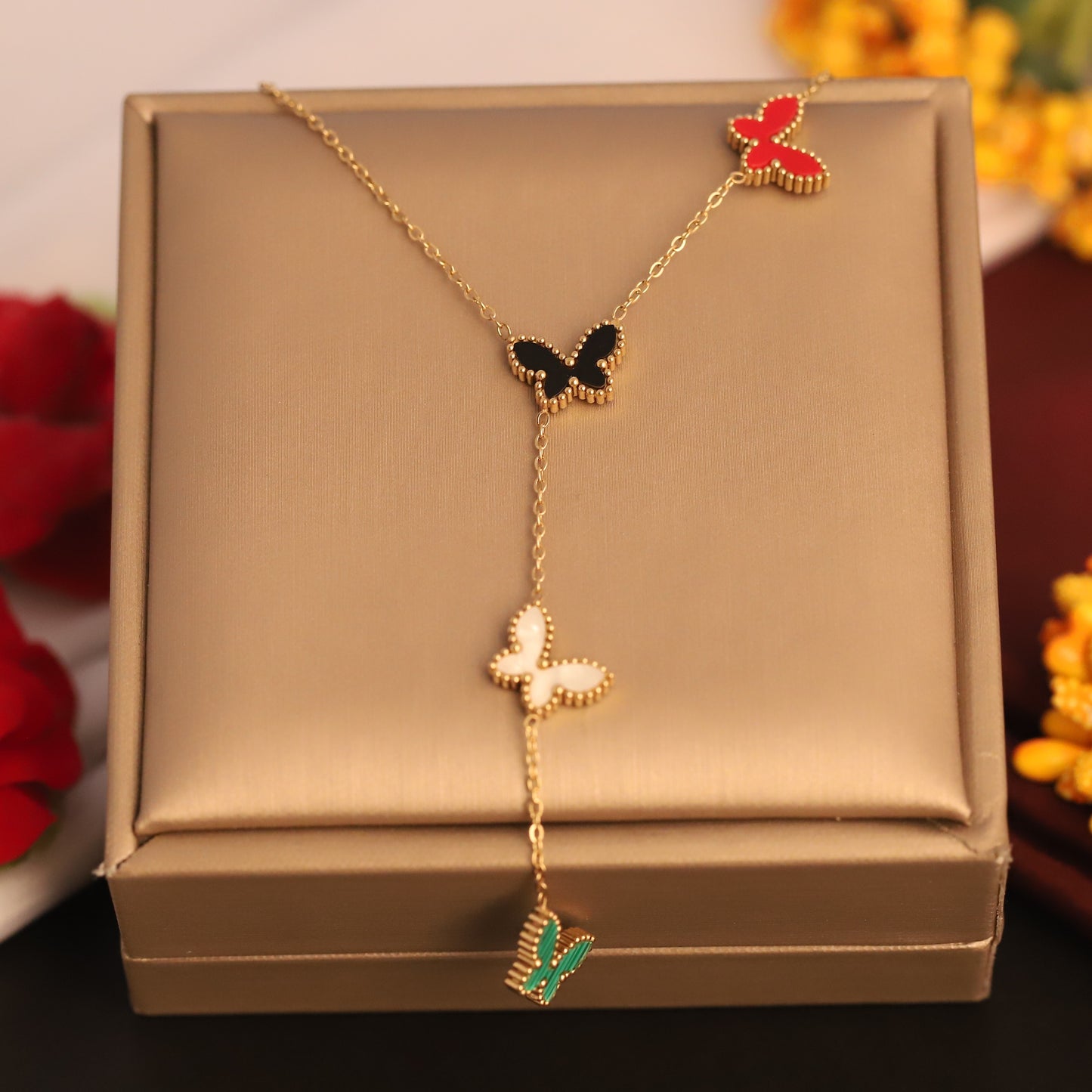 Colorful Butterfly Drop Pendant- Gold Chain, Enamel Butterflies | Whimsical Dainty Jewelry
